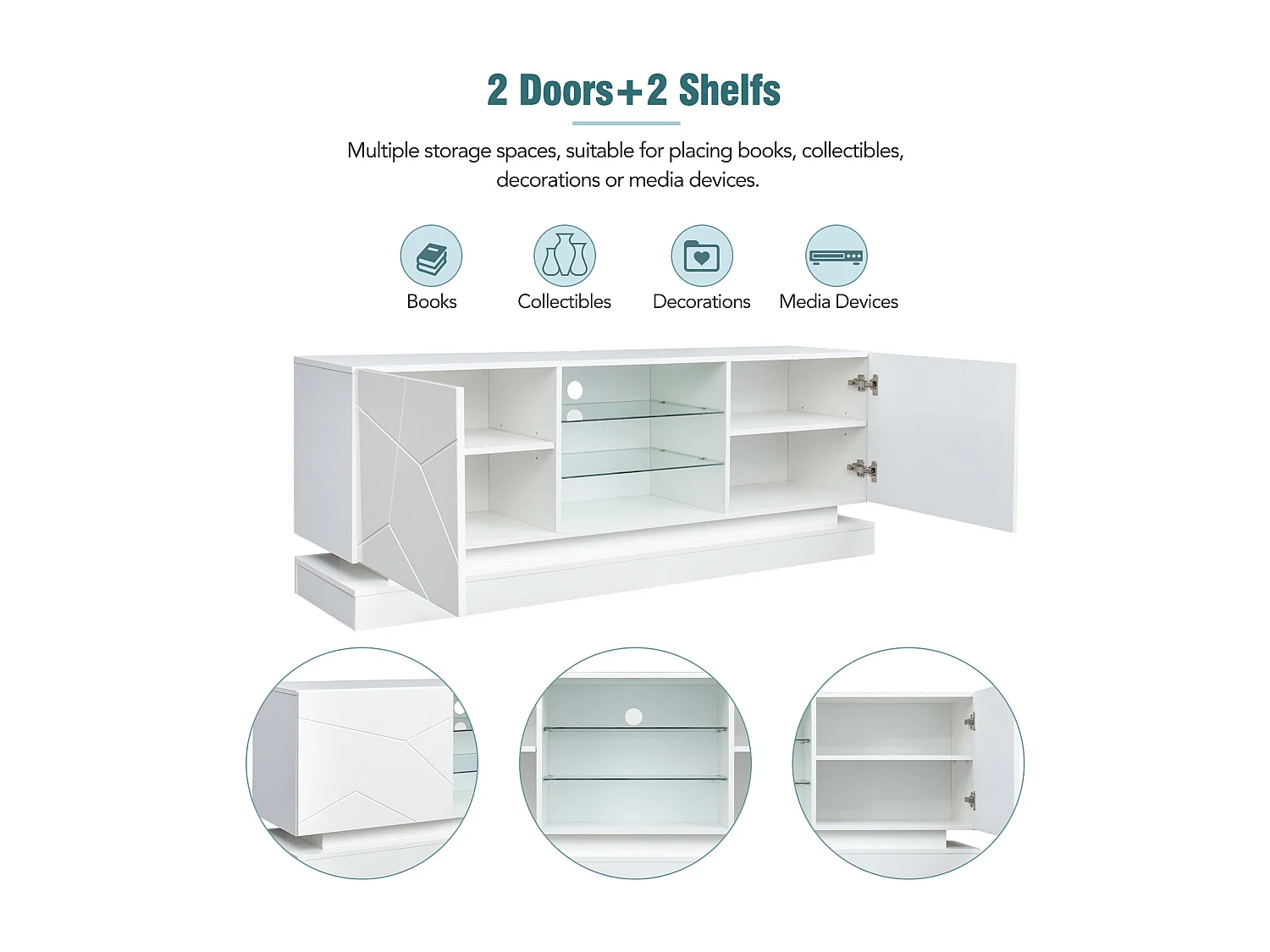 Houten tv-meubel met 2 deuren - verstelbare glazen plank - LED's - moderne stijl - glanzend wit