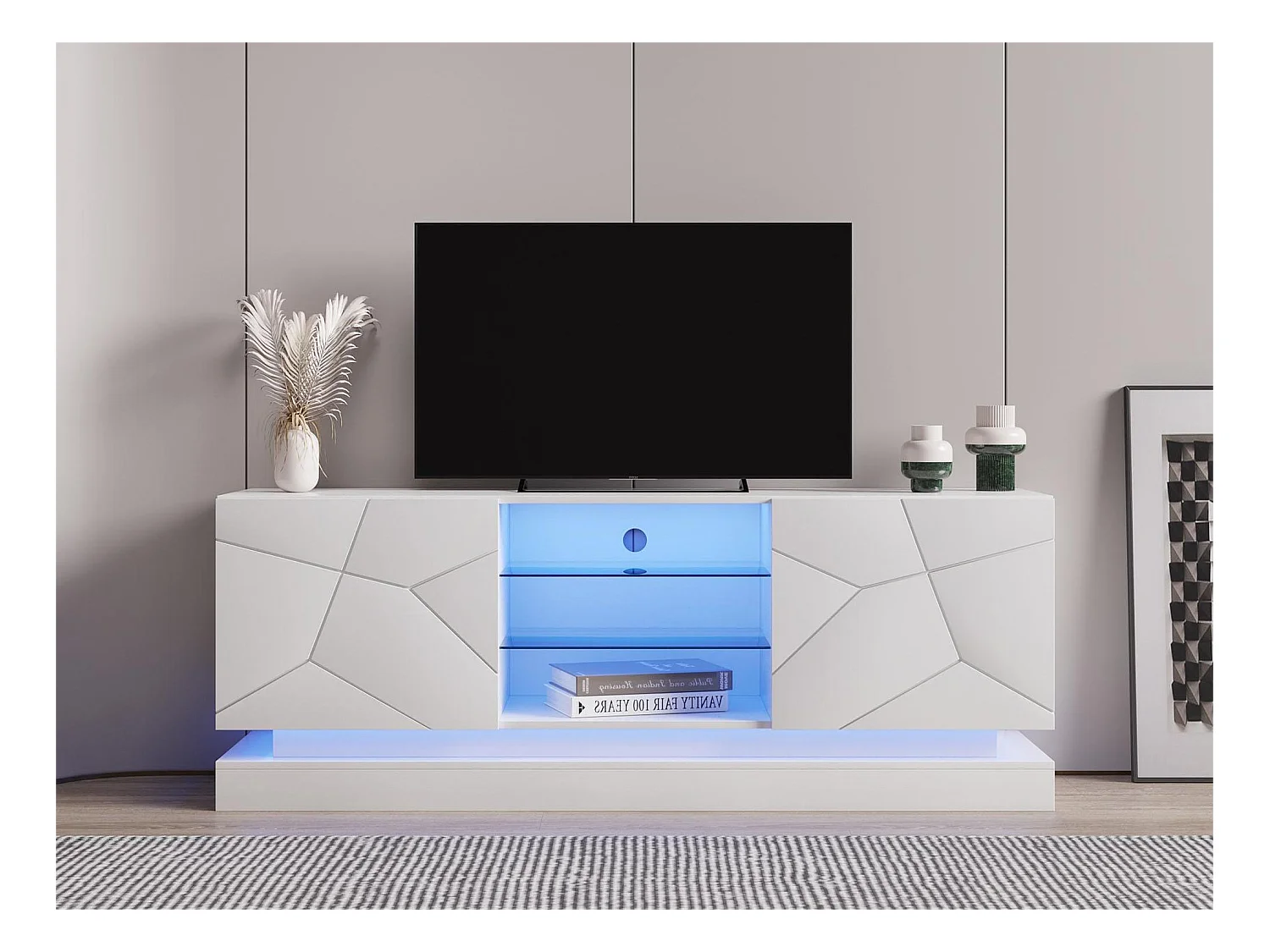 Meuble TV en bois avec 2 portes - étagère en verre réglable - LEDs - style moderne- blanc brillant
