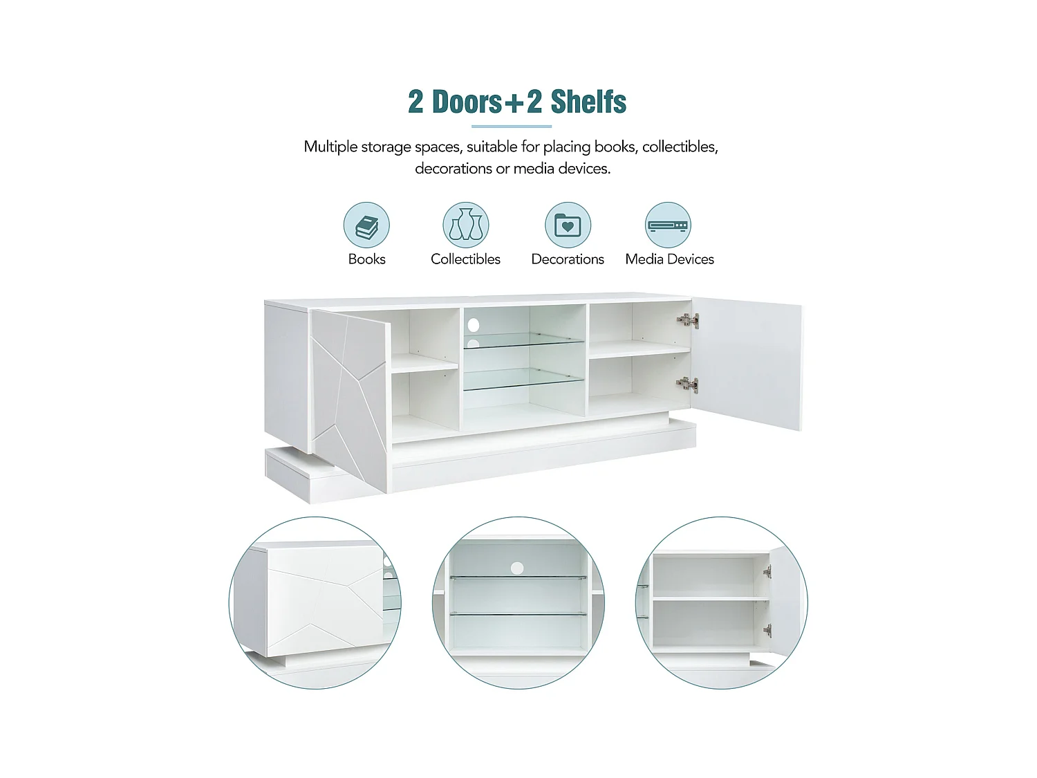 Meuble TV en bois avec 2 portes - étagère en verre réglable - LEDs - style moderne- blanc brillant
