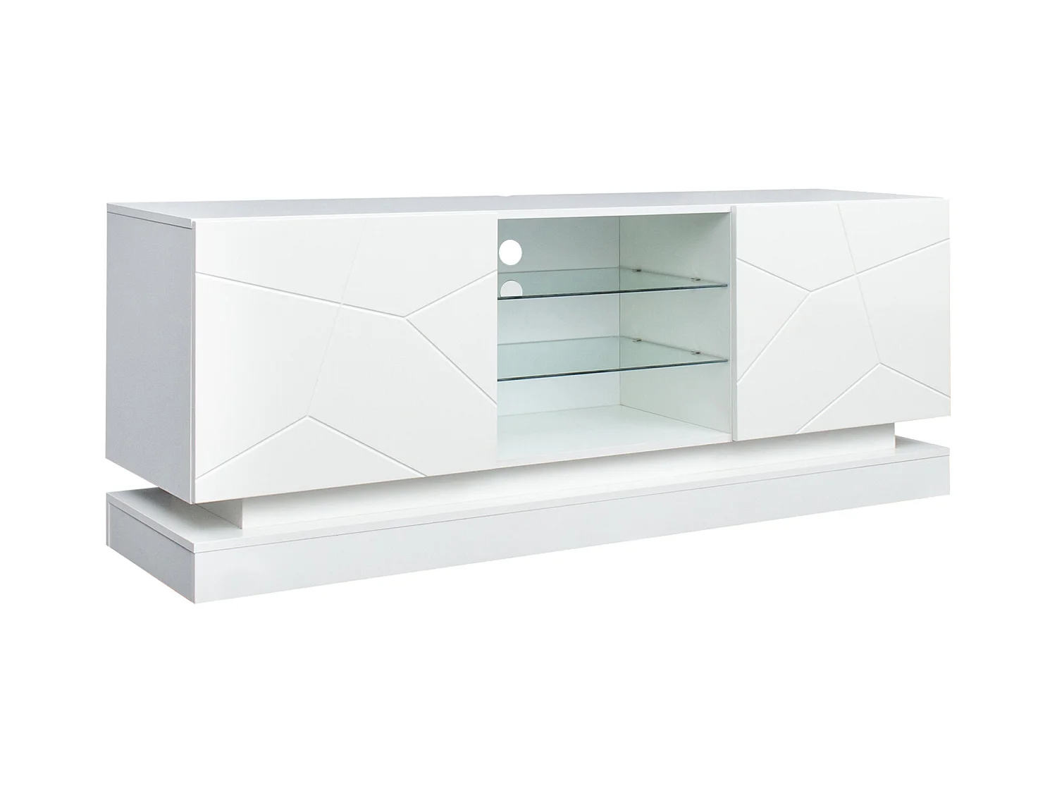 Meuble TV en bois avec 2 portes - étagère en verre réglable - LEDs - style moderne- blanc brillant