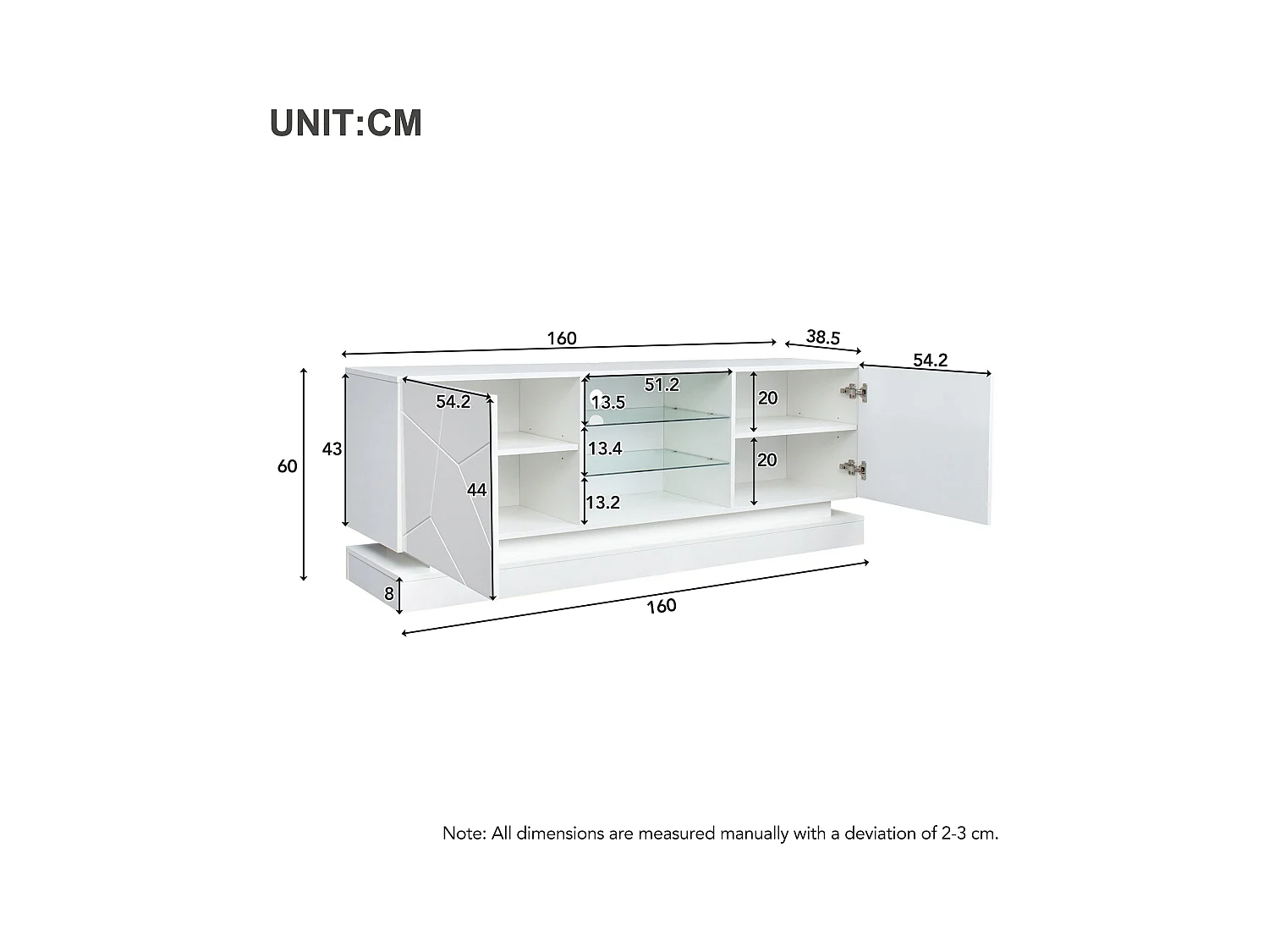 Meuble TV en bois avec 2 portes - étagère en verre réglable - LEDs - style moderne- blanc brillant