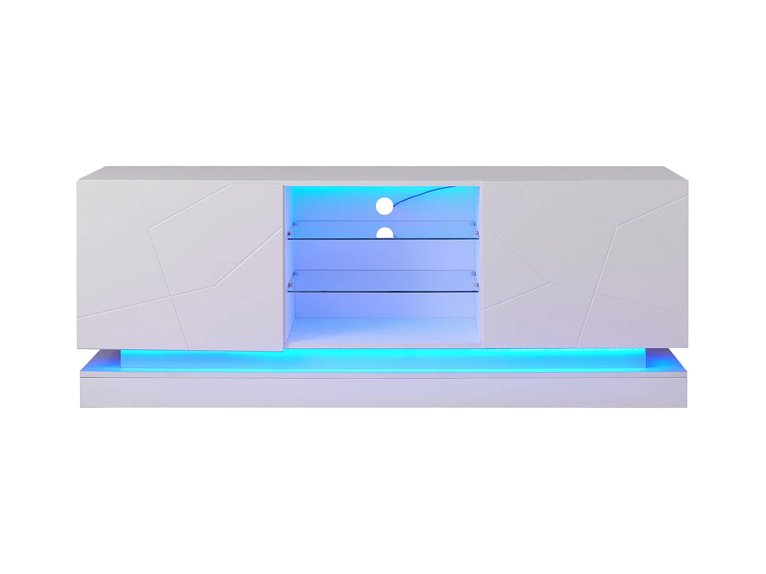 Meuble TV en bois avec 2 portes - étagère en verre réglable - LEDs - style moderne- blanc brillant