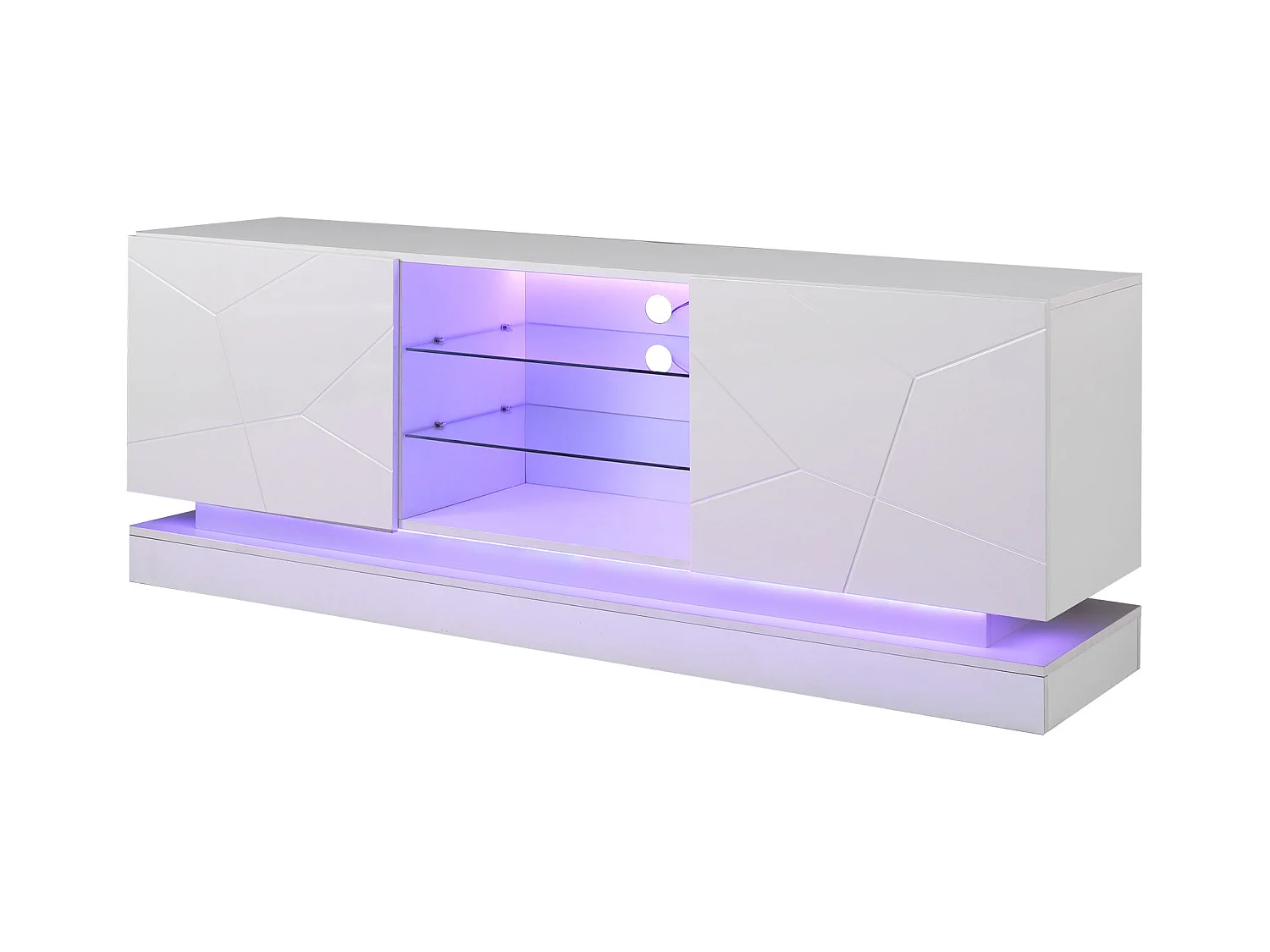 Meuble TV en bois avec 2 portes - étagère en verre réglable - LEDs - style moderne- blanc brillant