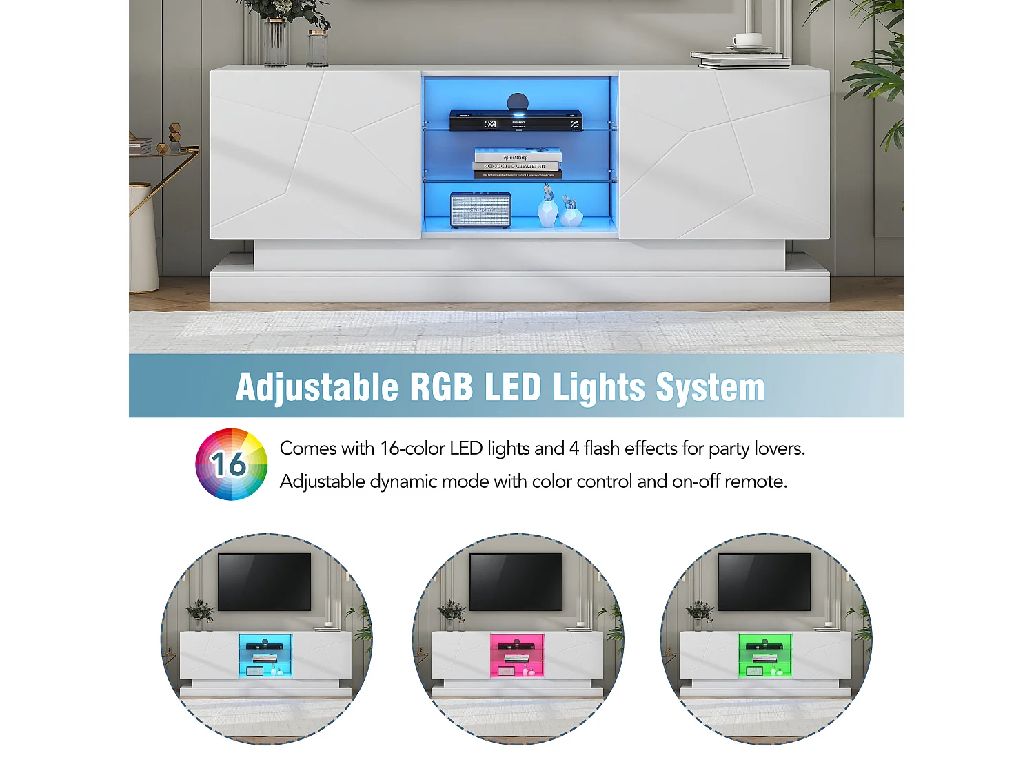 Drewniana szafka RTV z 2 drzwiami - regulowana półka szklana - diody LED - styl nowoczesny - połyskująca biel