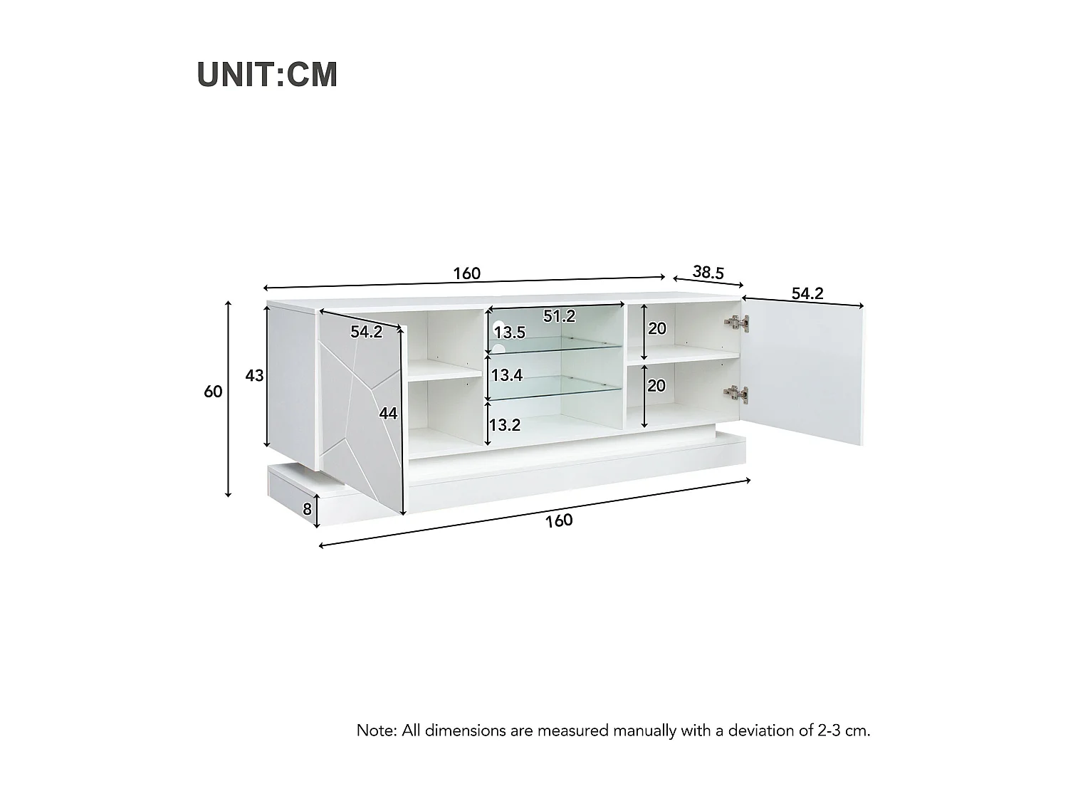Drewniana szafka RTV z 2 drzwiami - regulowana półka szklana - diody LED - styl nowoczesny - połyskująca biel