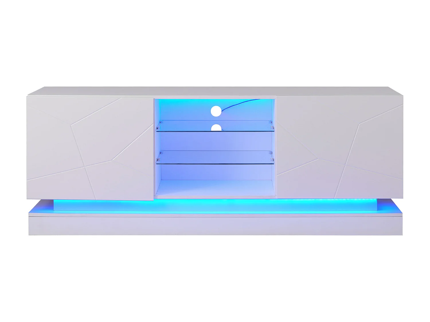 Drewniana szafka RTV z 2 drzwiami - regulowana półka szklana - diody LED - styl nowoczesny - połyskująca biel