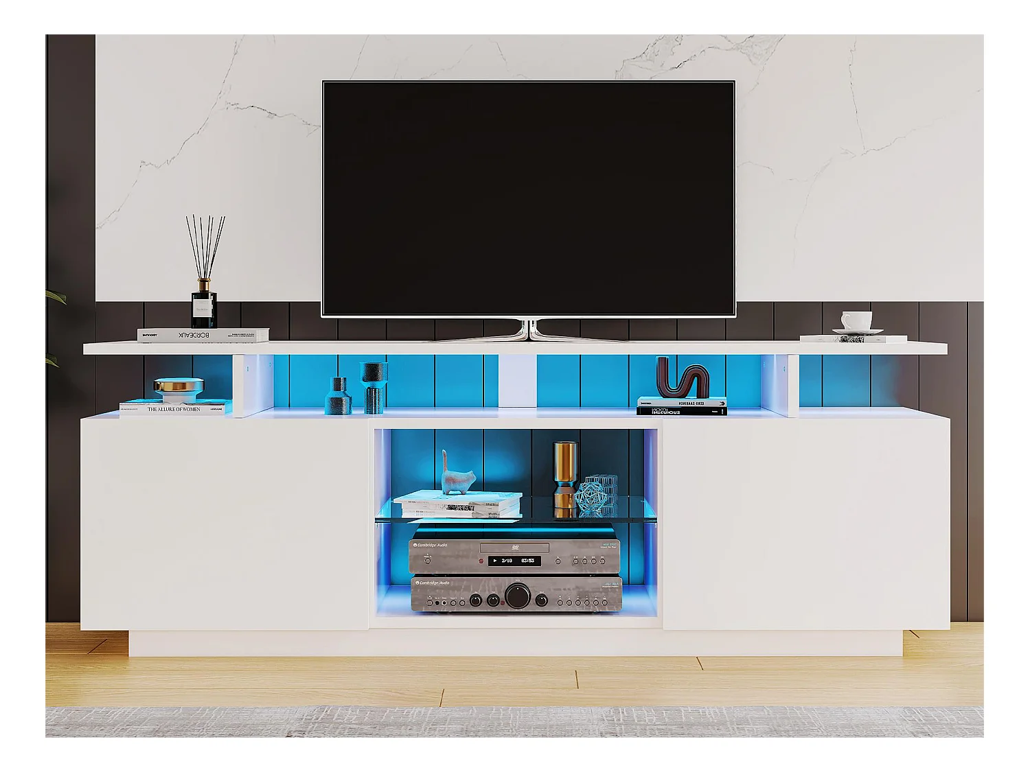 Meuble TV moderne - 2 portes et compartiments en verre - éclairage LED - blanc