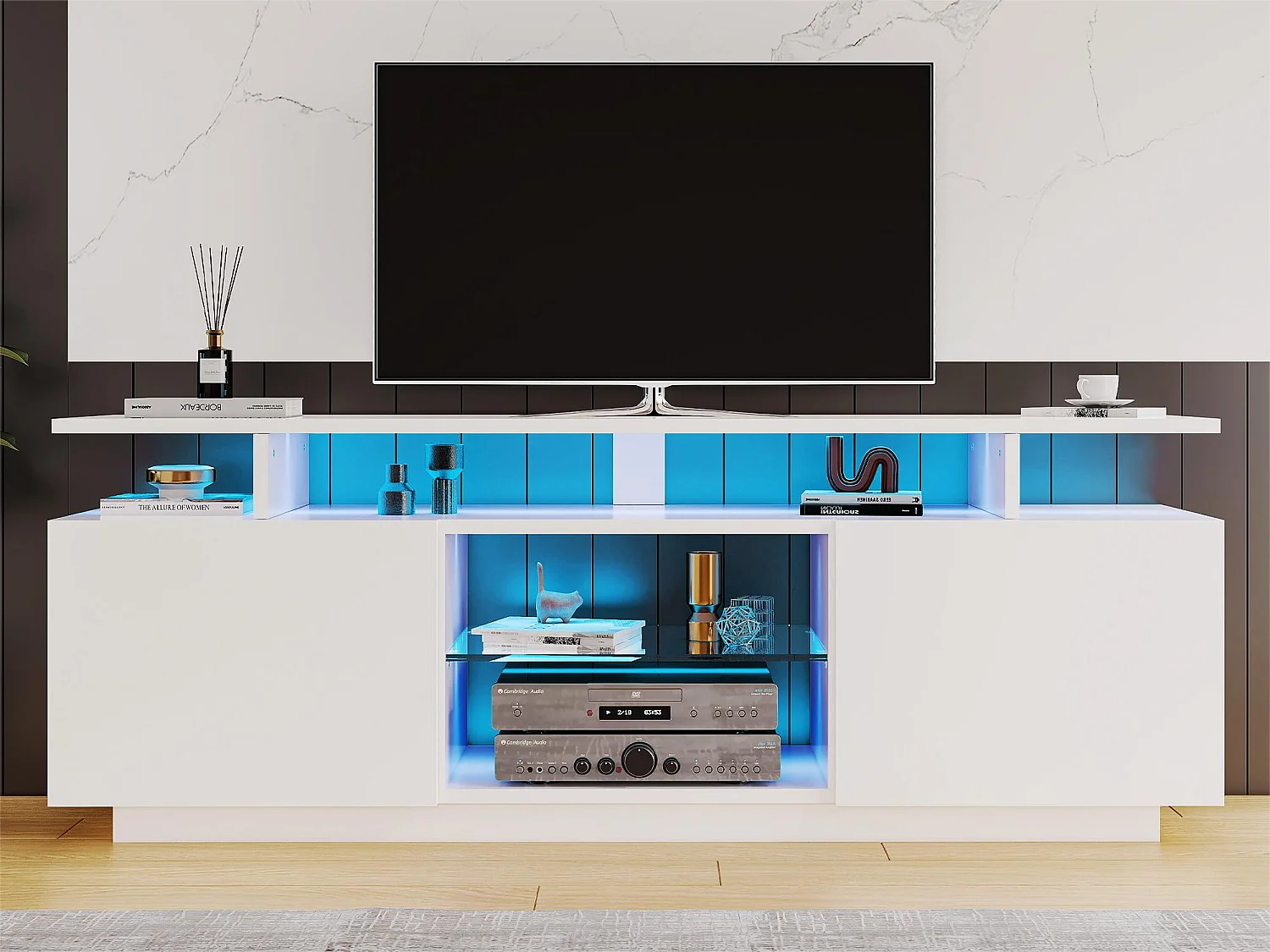 Moderne tv-kast - 2 deuren en glazen vakken - LED-verlichting - wit