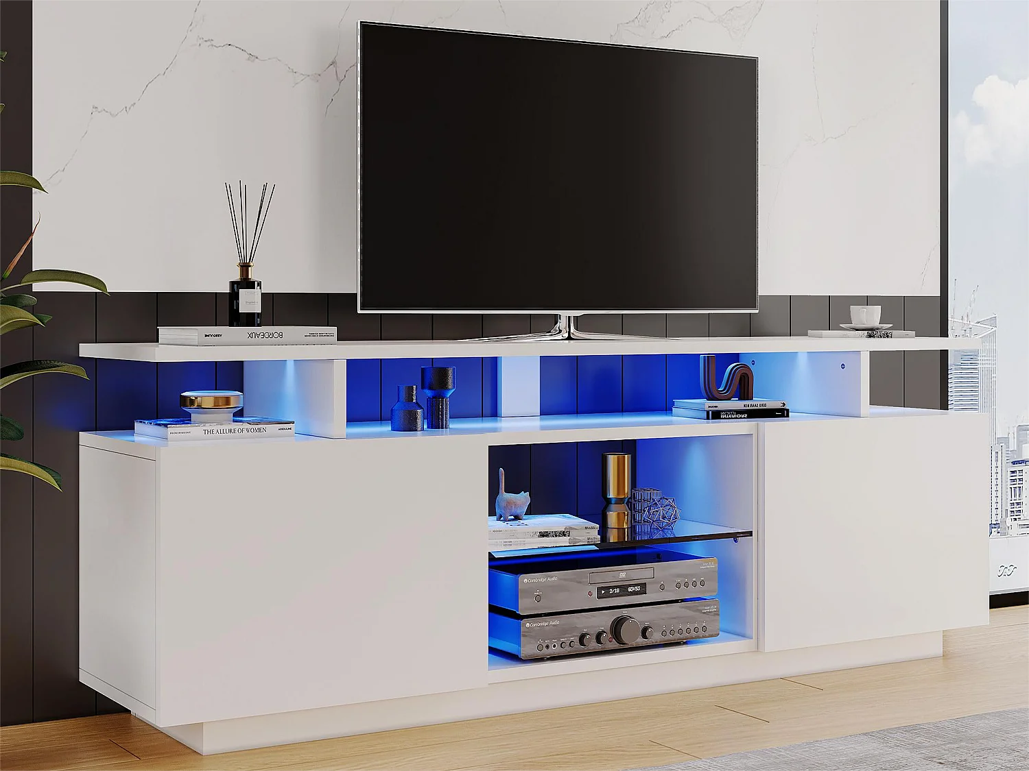 Moderne tv-kast - 2 deuren en glazen vakken - LED-verlichting - wit
