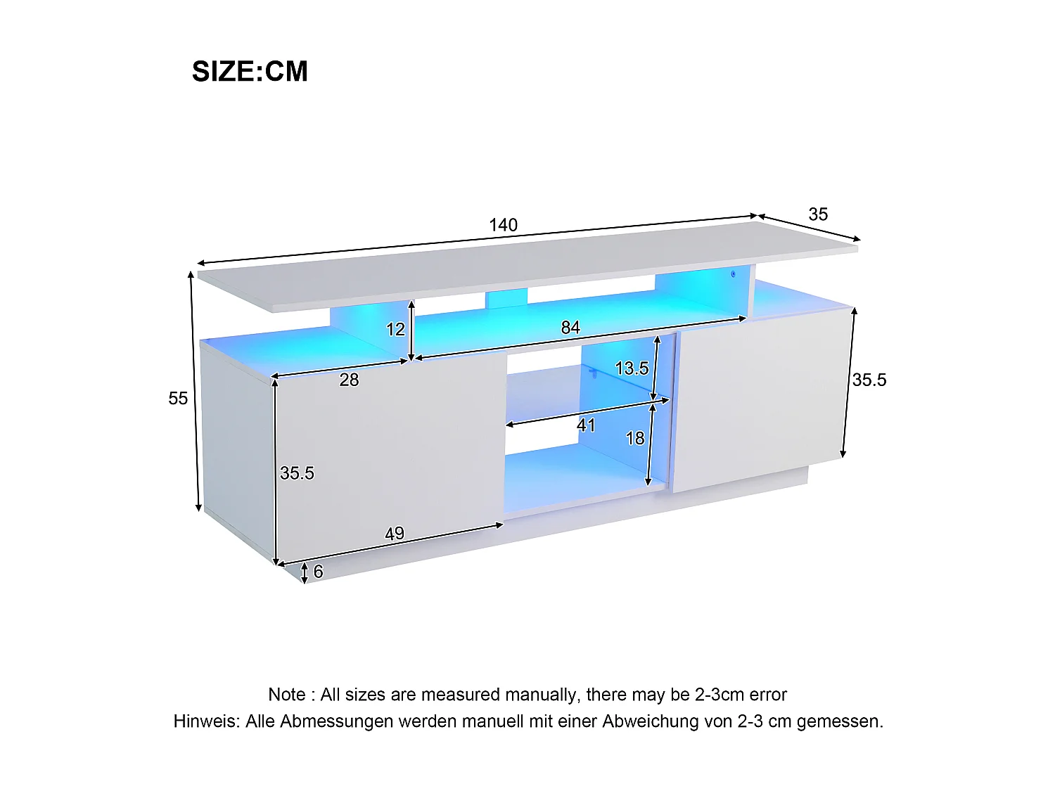 Moderne tv-kast - 2 deuren en glazen vakken - LED-verlichting - wit