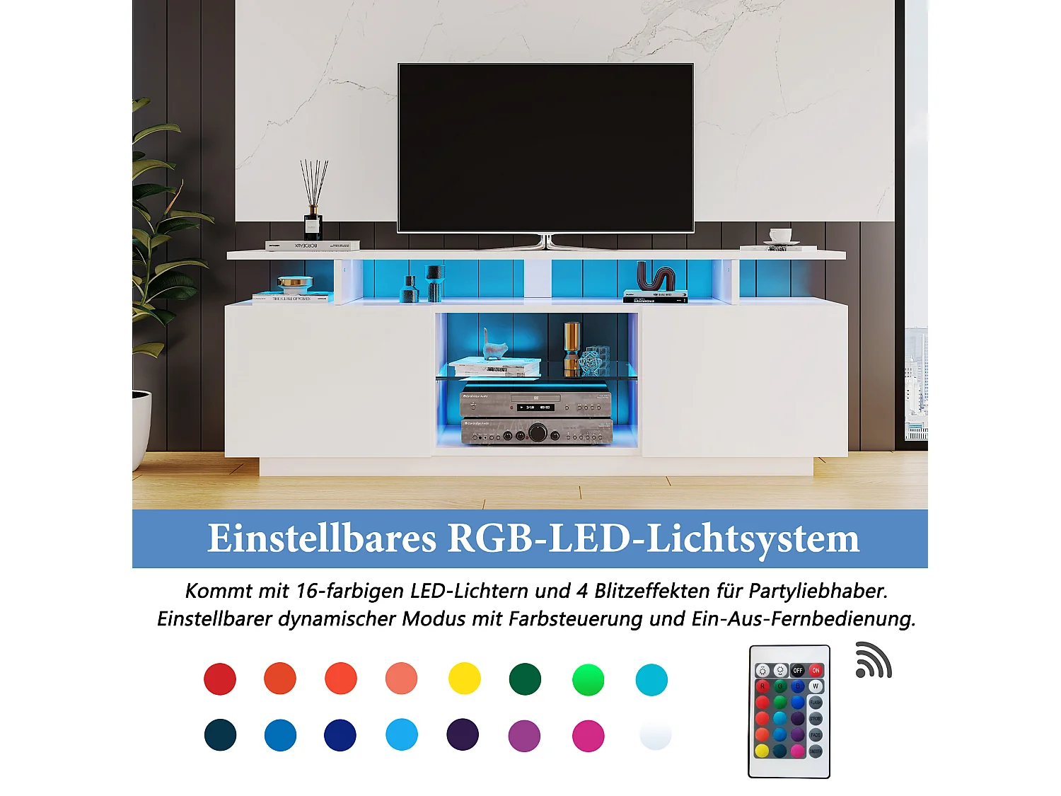 Moderne tv-kast - 2 deuren en glazen vakken - LED-verlichting - wit