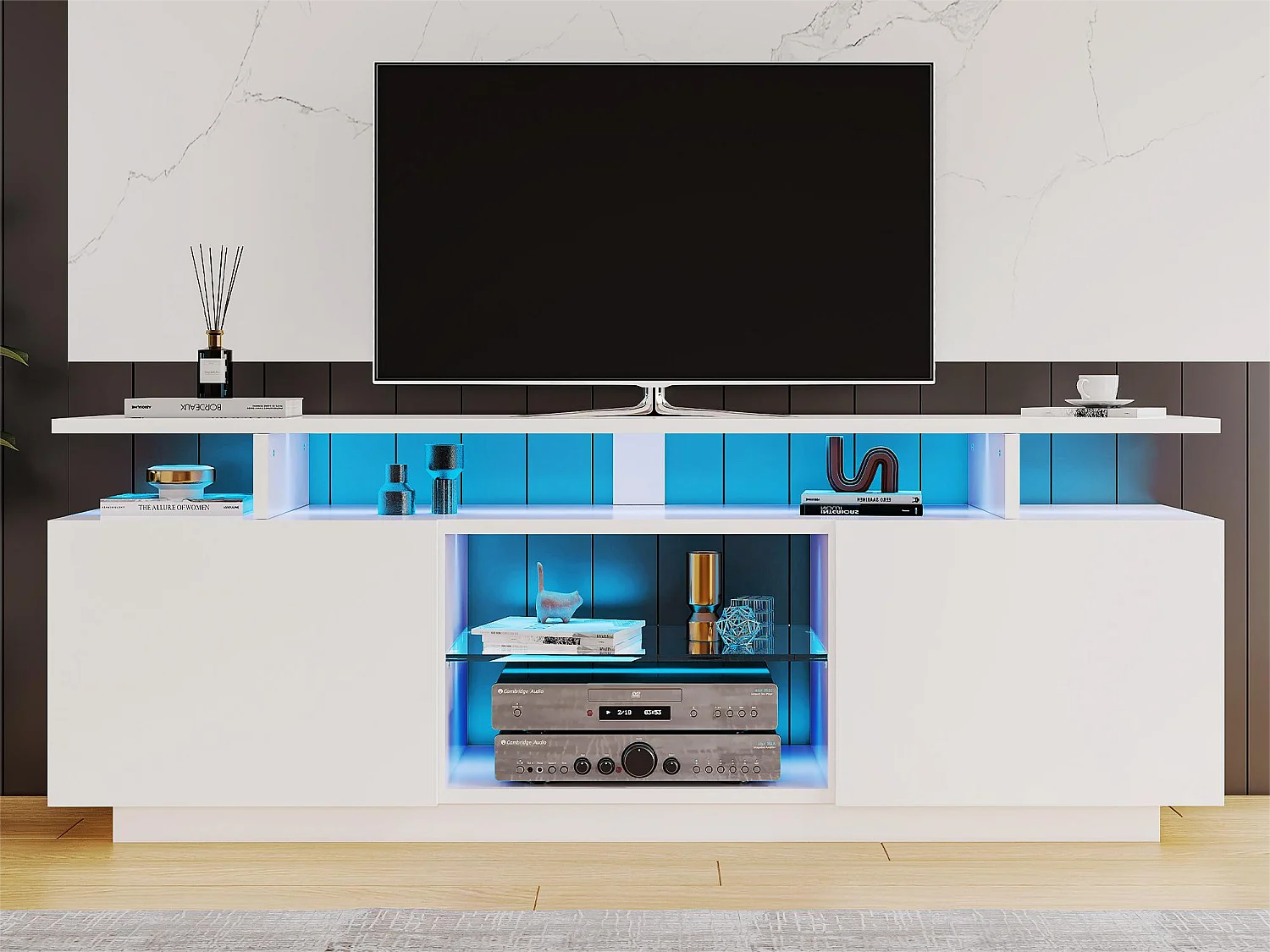 Mueble de TV moderno - 2 puertas y compartimentos de cristal - Iluminación LED - Blanco