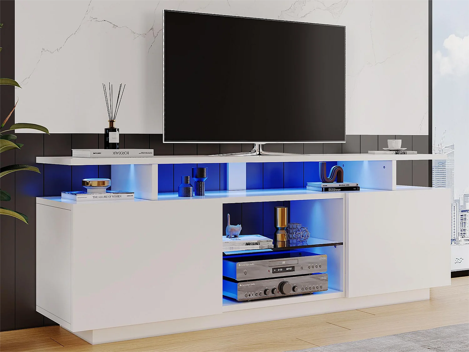 Mueble de TV moderno - 2 puertas y compartimentos de cristal - Iluminación LED - Blanco