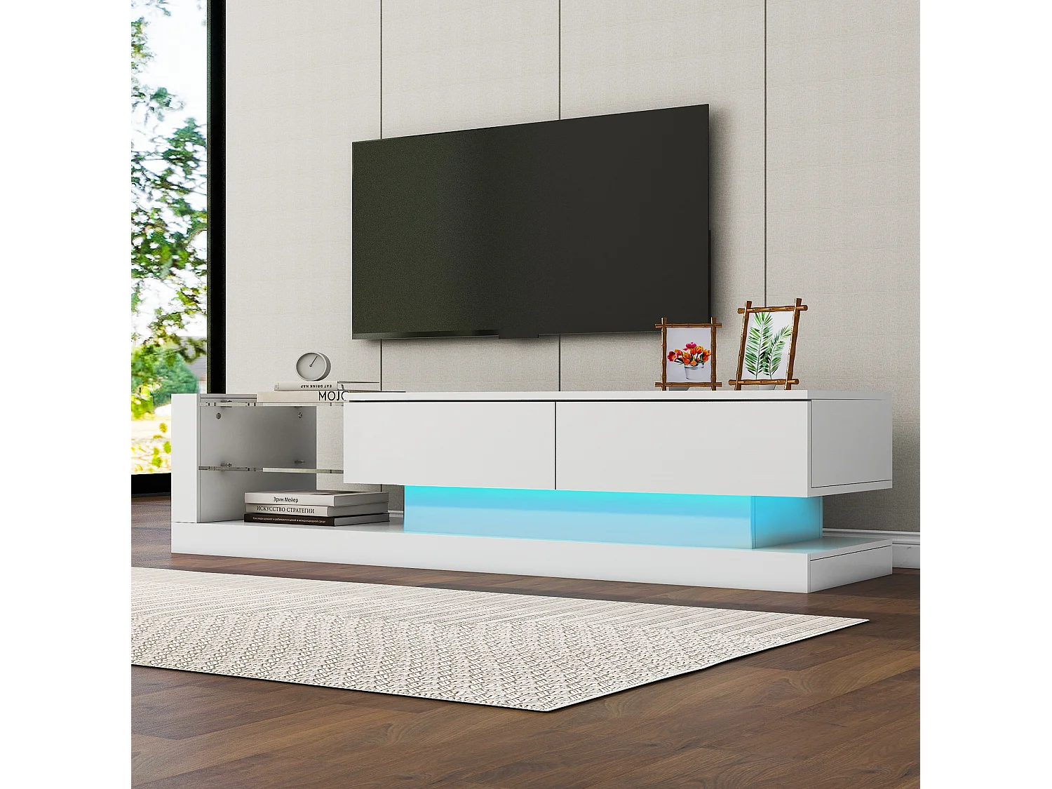 Mobile TV lucido con 2 ante e 2 ripiani in vetro - pannello truciolare - LED - bianco