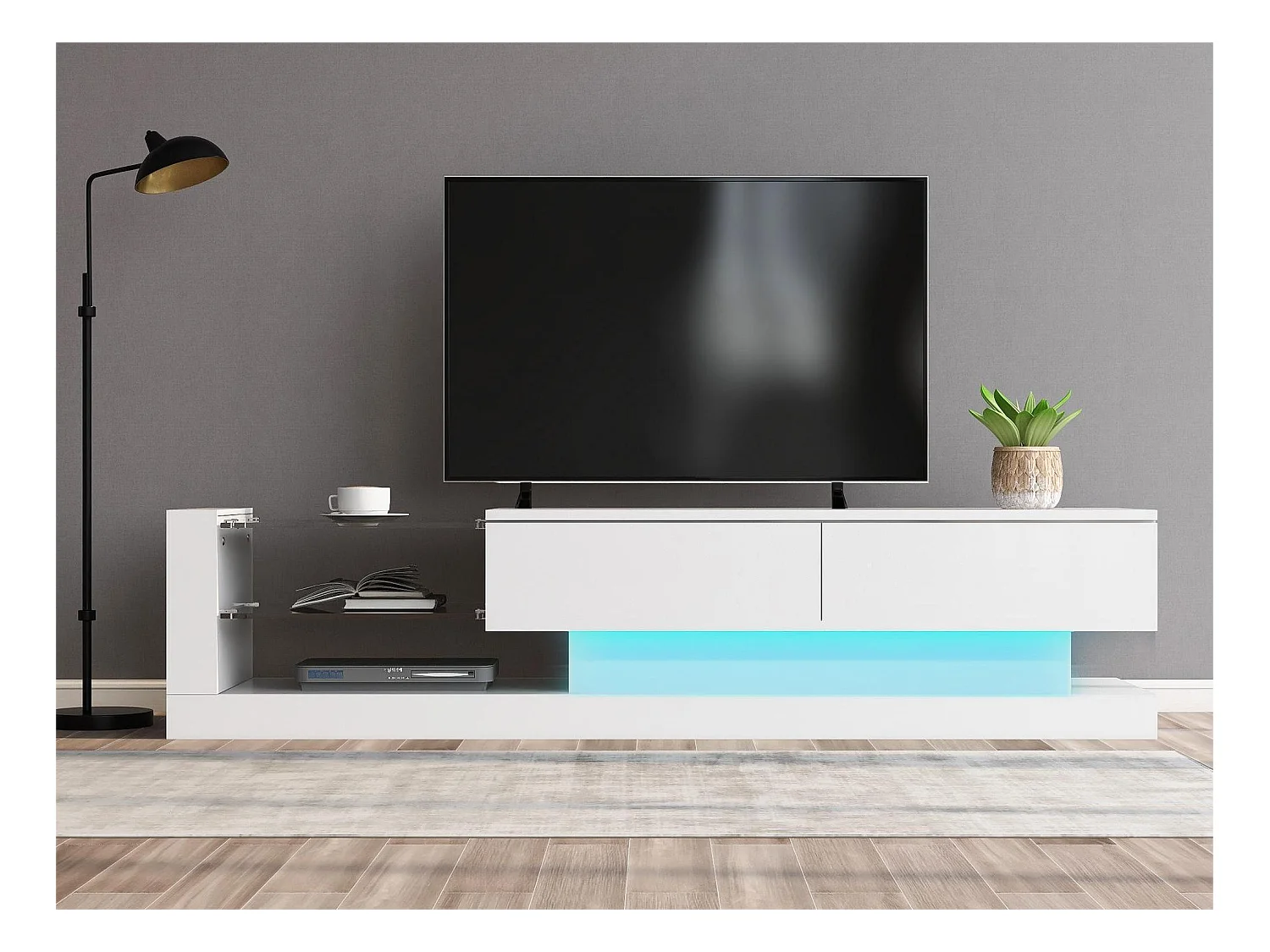 Meuble TV brillant avec 2 portes et 2 étagères en verre - panneaux de particules - LEDs - blanc