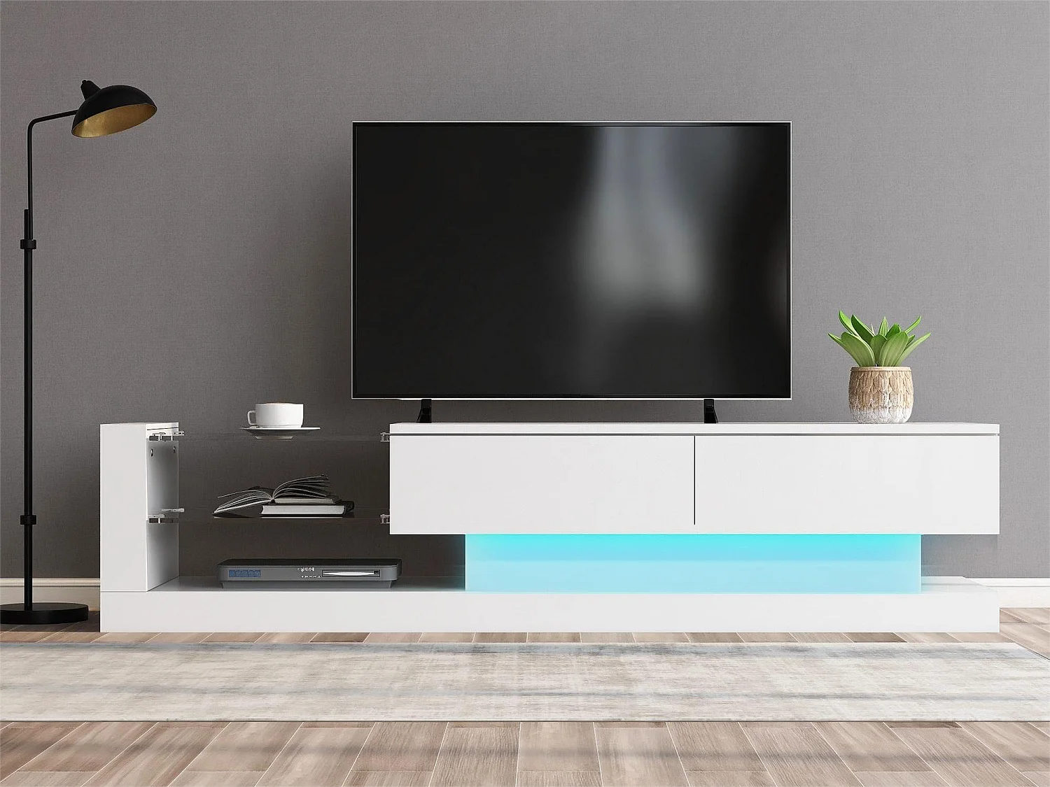 Meuble TV brillant avec 2 portes et 2 étagères en verre - panneaux de particules - LEDs - blanc