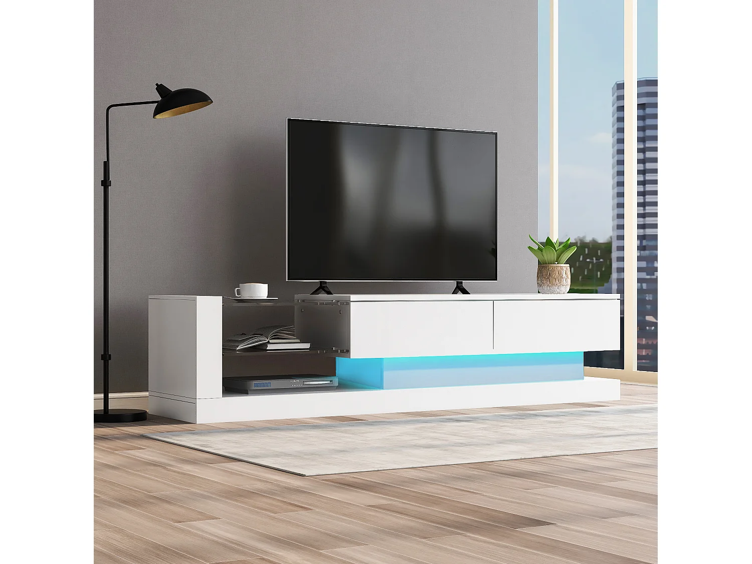 Meuble TV brillant avec 2 portes et 2 étagères en verre - panneaux de particules - LEDs - blanc