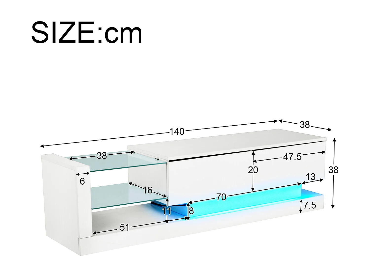 Meuble TV brillant avec 2 portes et 2 étagères en verre - panneaux de particules - LEDs - blanc