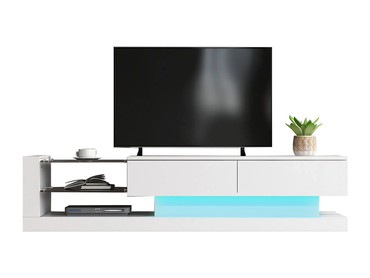 Meuble TV brillant avec 2 portes et 2 étagères en verre - panneaux de particules - LEDs - blanc