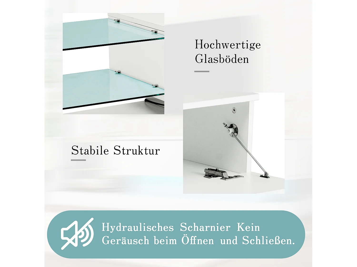 Meuble TV brillant avec 2 portes et 2 étagères en verre - panneaux de particules - LEDs - blanc