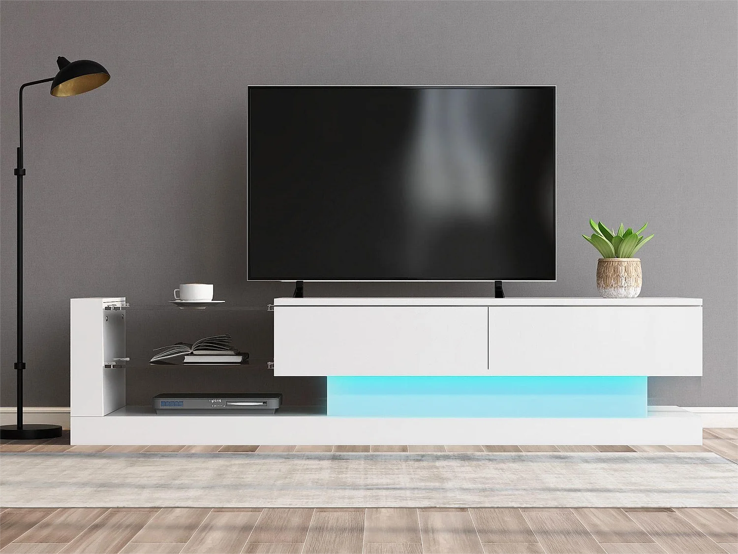Mueble de TV brillante con 2 puertas y 2 estantes de cristal - tablero de partículas - LED - blanco