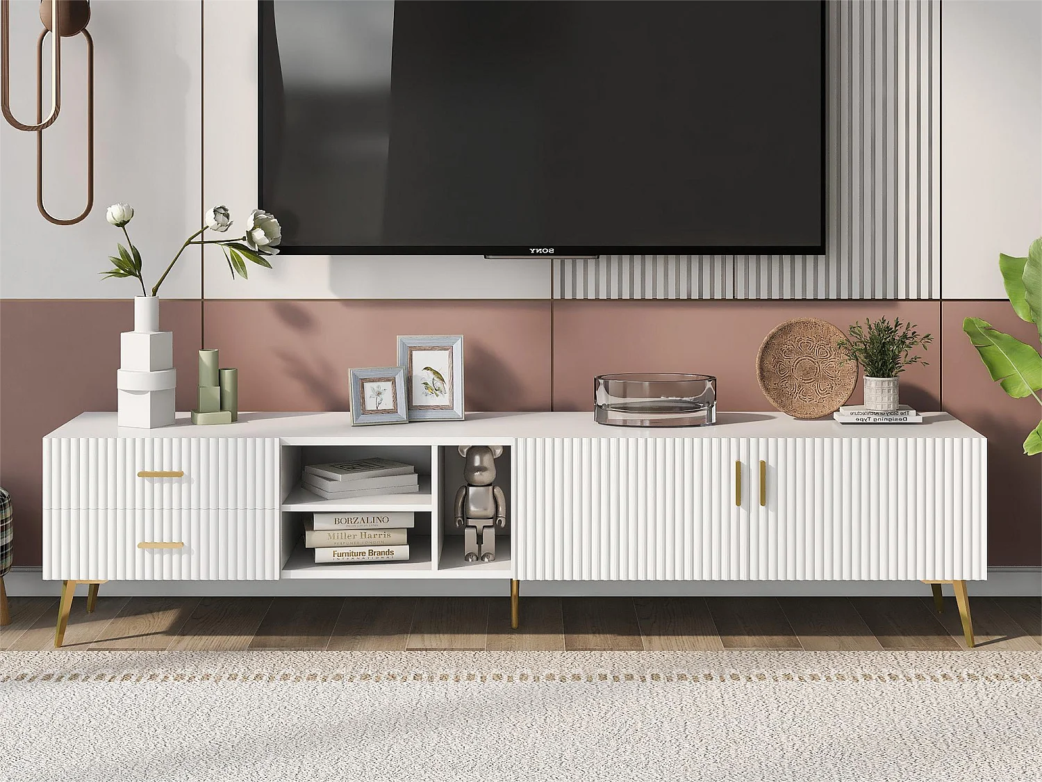 Meuble TV avec 2 portes, 2 tiroirs et 2 niches - MDF - pièds métallique - blanc