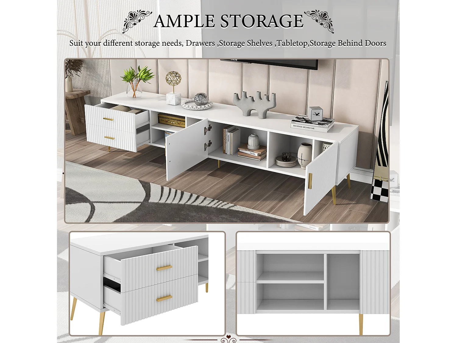 Meuble TV avec 2 portes, 2 tiroirs et 2 niches - MDF - pièds métallique - blanc