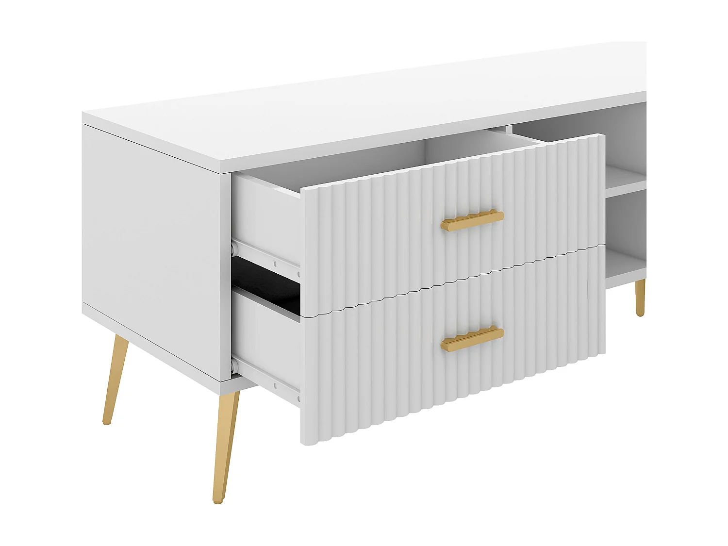 Meuble TV avec 2 portes, 2 tiroirs et 2 niches - MDF - pièds métallique - blanc