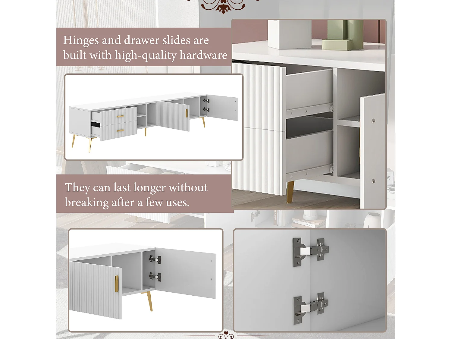 Meuble TV avec 2 portes, 2 tiroirs et 2 niches - MDF - pièds métallique - blanc