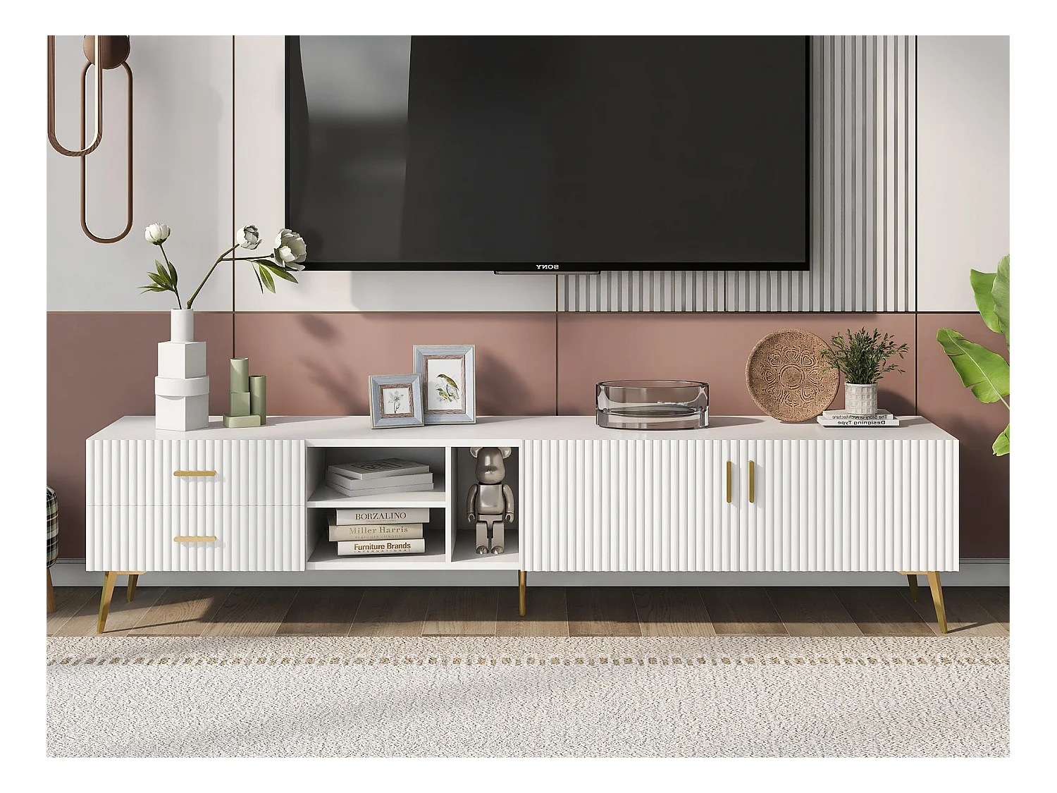 Meuble TV avec 2 portes, 2 tiroirs et 2 niches - MDF - pièds métallique - blanc