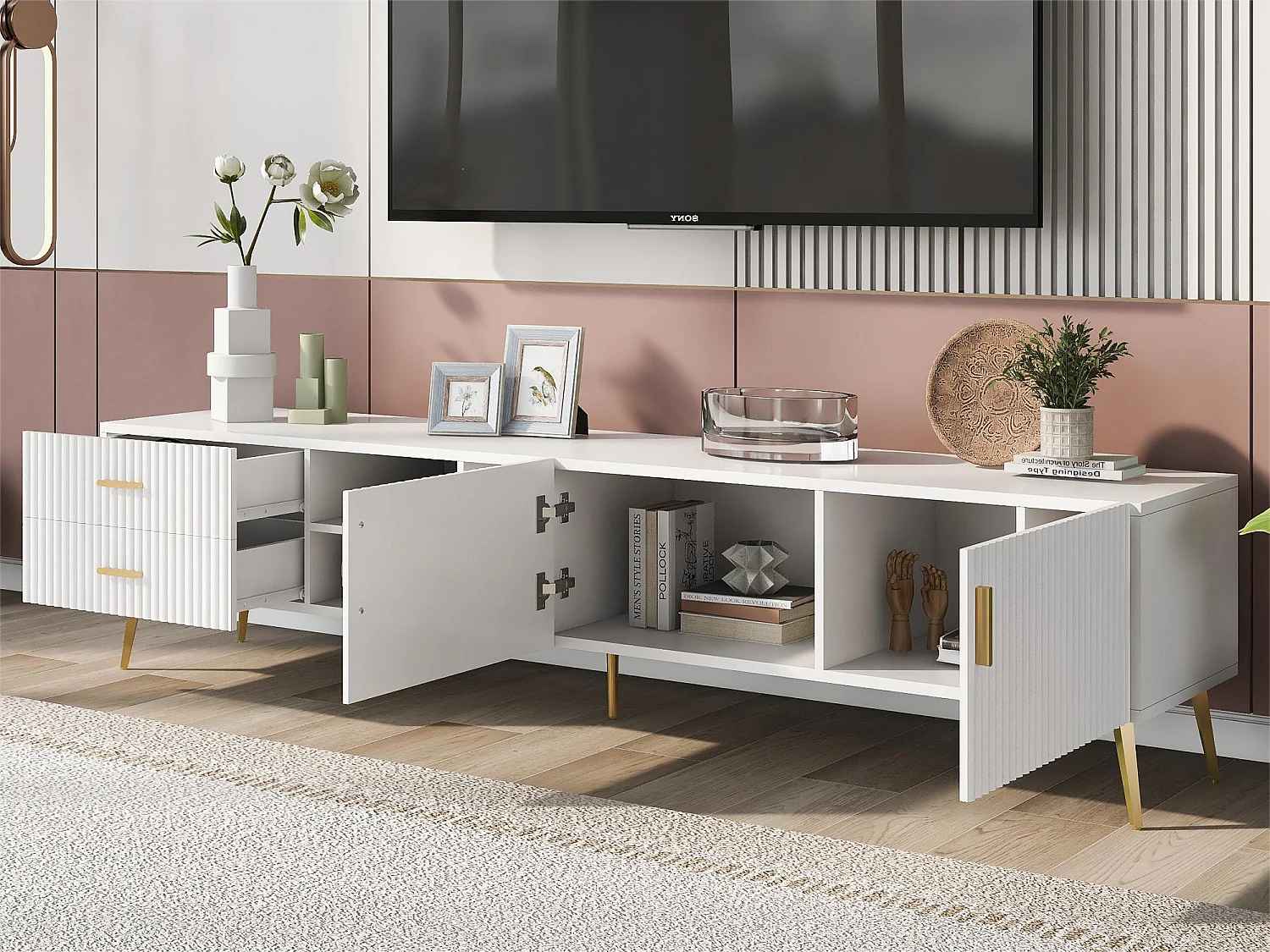 Mueble para TV con 2 puertas, 2 cajones y 2 nichos - MDF - patas de metal - blanco