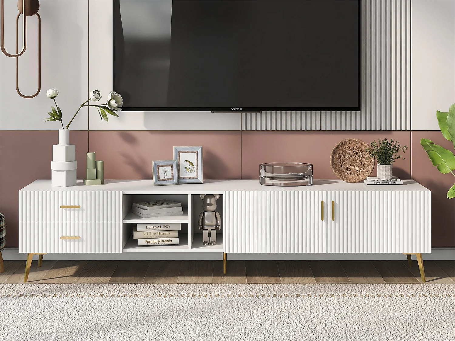 Mueble para TV con 2 puertas, 2 cajones y 2 nichos - MDF - patas de metal - blanco