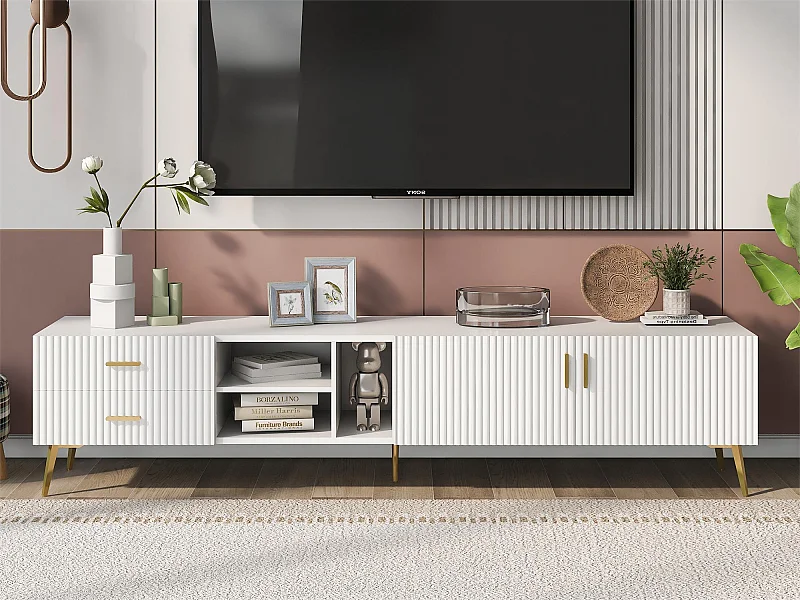 Mueble para TV con 2 puertas, 2 cajones y 2 nichos - MDF - patas de metal - blanco