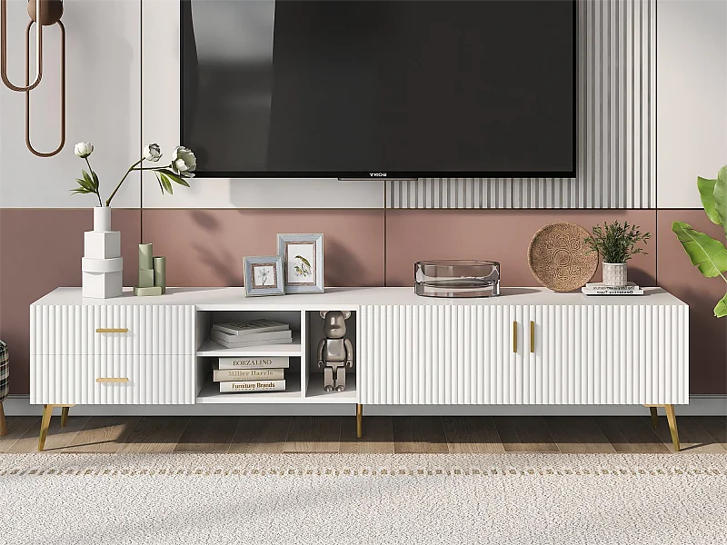 Mobile TV con 2 ante, 2 cassetti e 2 nicchie - MDF - gambe in metallo - bianco