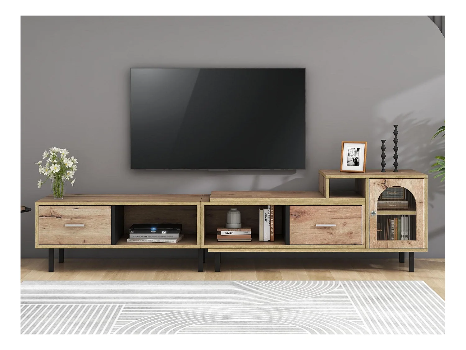 Meuble TV extensible de 170 à 278 cm - effet bois - 4 compartiments, 2 tiroirs, 1 porte - coloris naturel