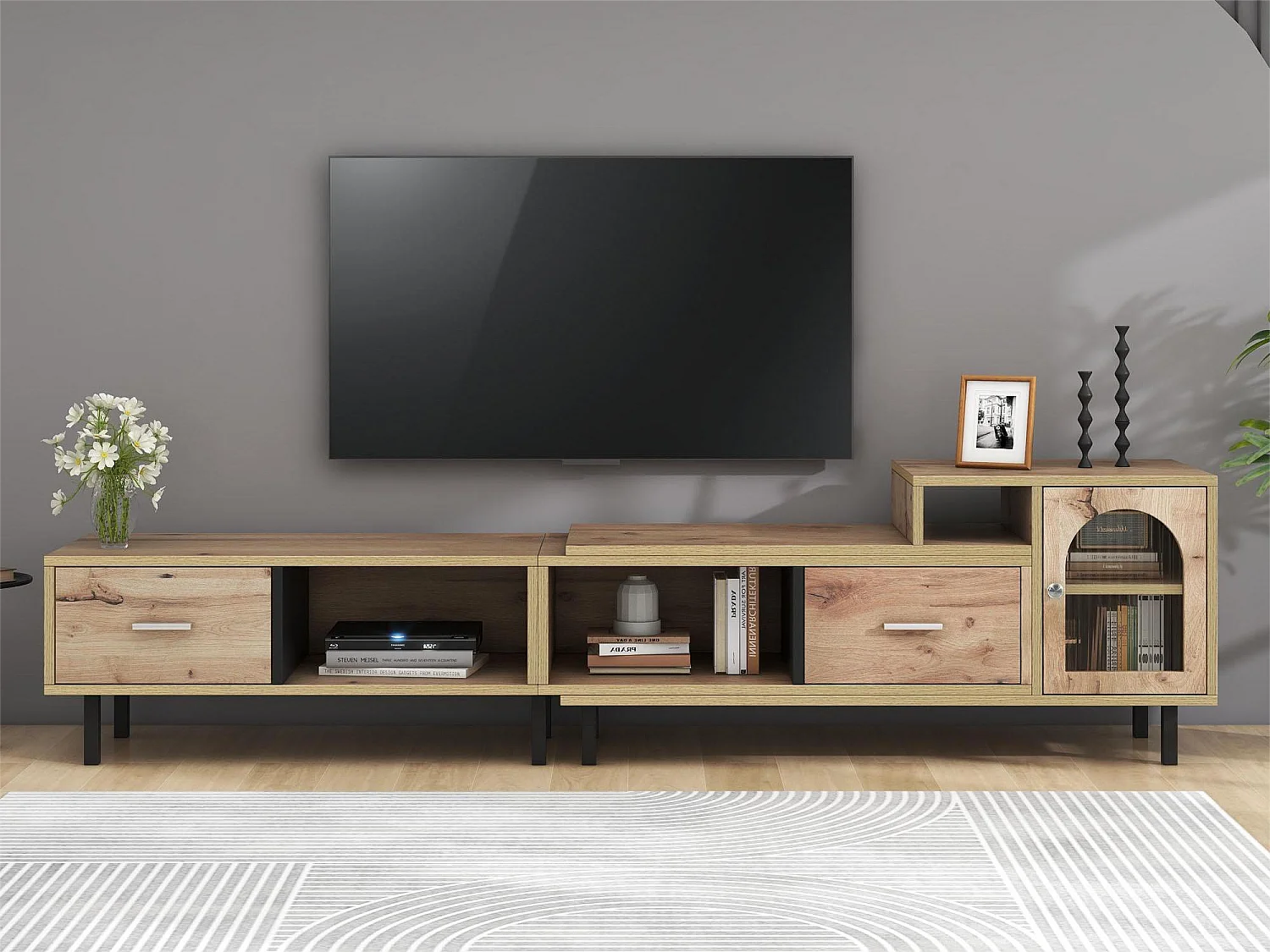 Meuble TV extensible de 170 à 278 cm - effet bois - 4 compartiments, 2 tiroirs, 1 porte - coloris naturel