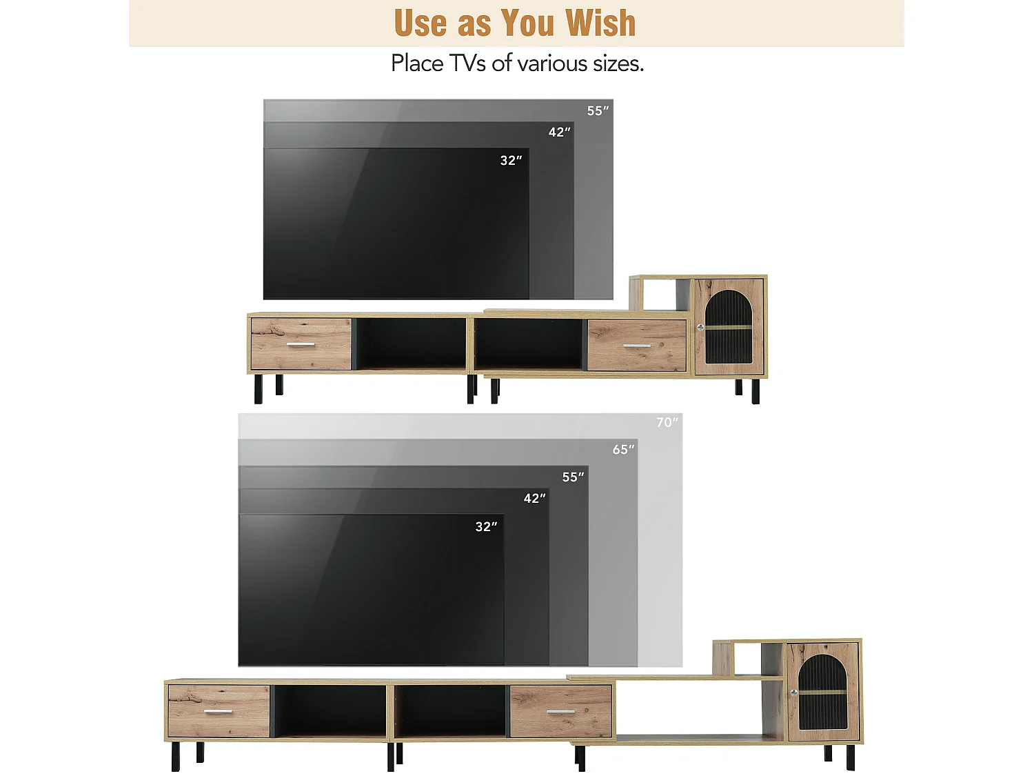 Meuble TV extensible de 170 à 278 cm - effet bois - 4 compartiments, 2 tiroirs, 1 porte - coloris naturel