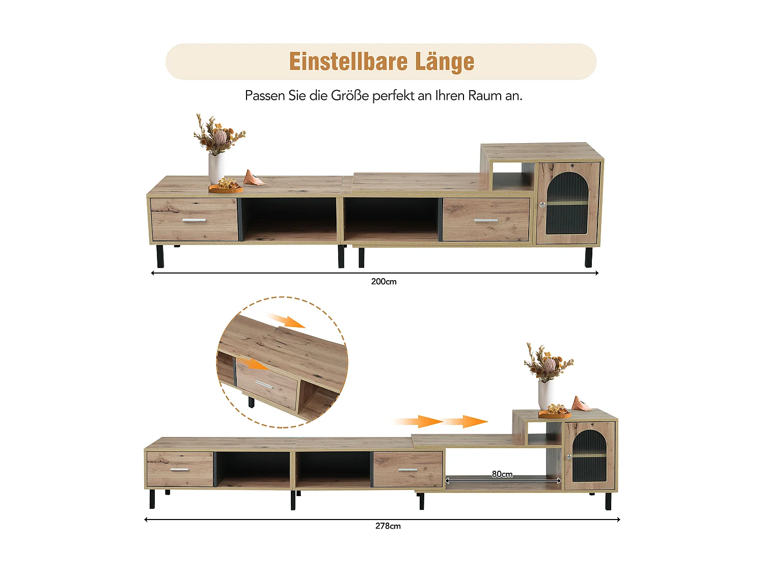 Meuble TV extensible de 170 à 278 cm - effet bois - 4 compartiments, 2 tiroirs, 1 porte - coloris naturel