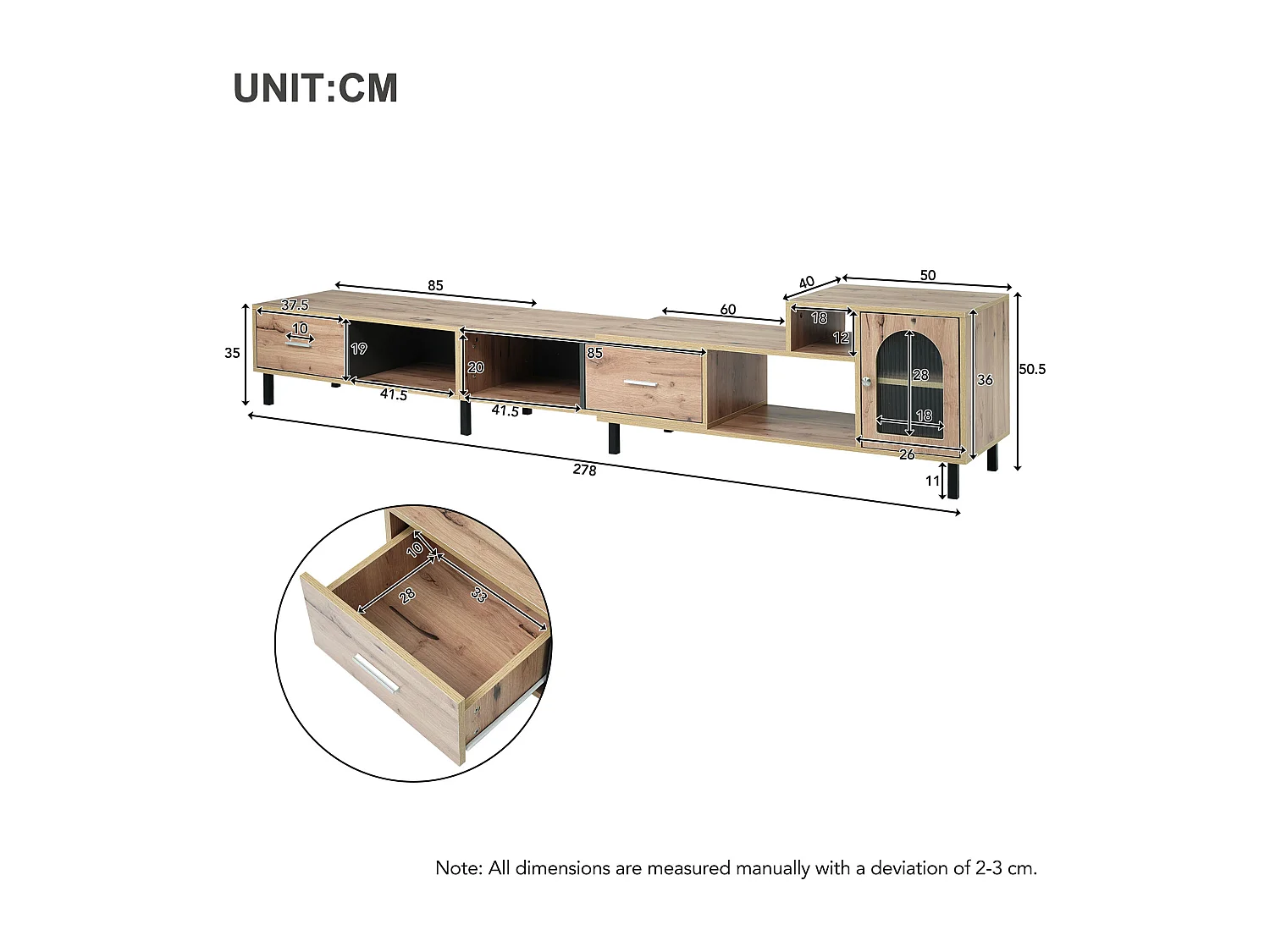 Meuble TV extensible de 170 à 278 cm - effet bois - 4 compartiments, 2 tiroirs, 1 porte - coloris naturel