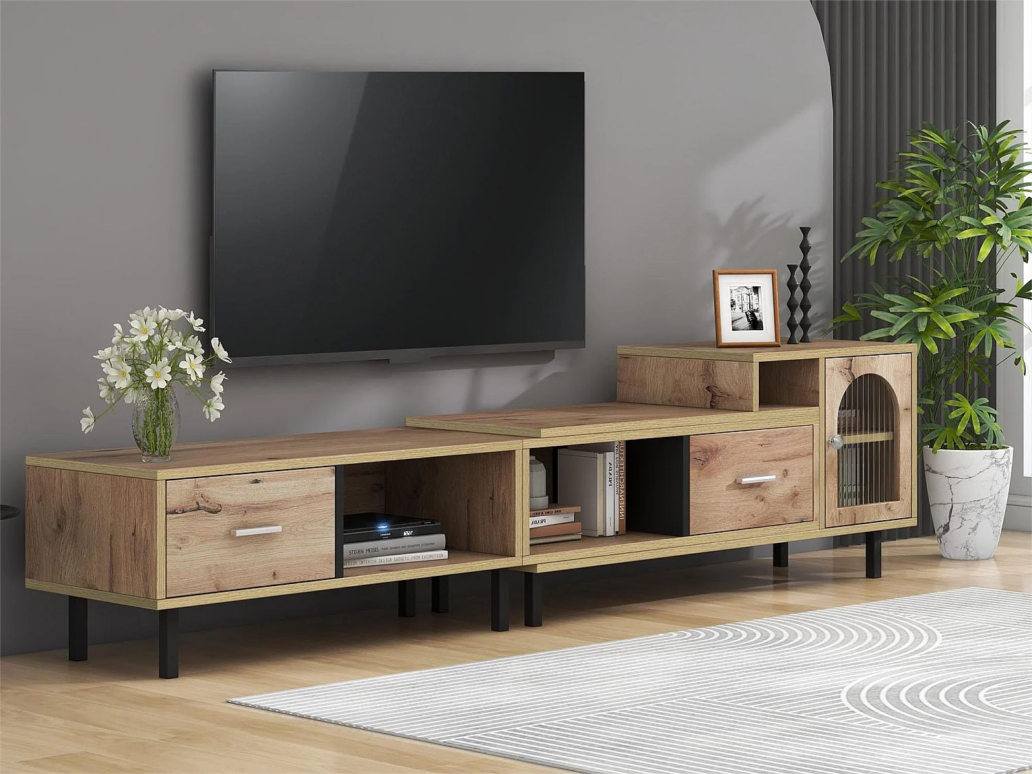 Meuble TV extensible de 170 à 278 cm - effet bois - 4 compartiments, 2 tiroirs, 1 porte - coloris naturel