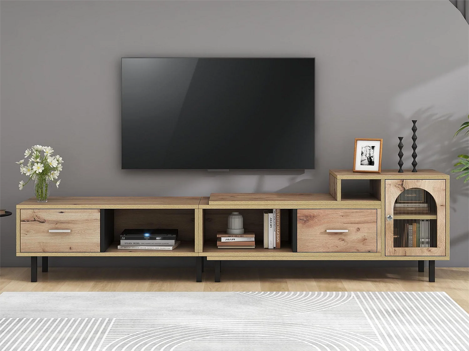 Meuble TV extensible de 170 à 278 cm - effet bois - 4 compartiments, 2 tiroirs, 1 porte - coloris naturel