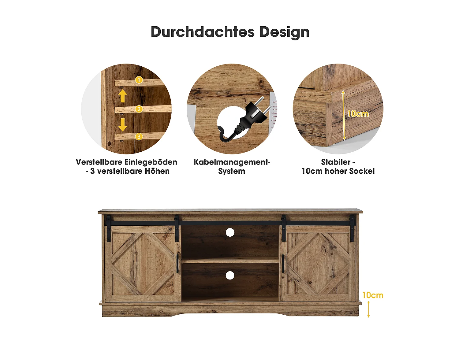 Meuble TV avec 2 portes coulissantes - étagères réglables - pour salon, salle à manger - style classique - marron