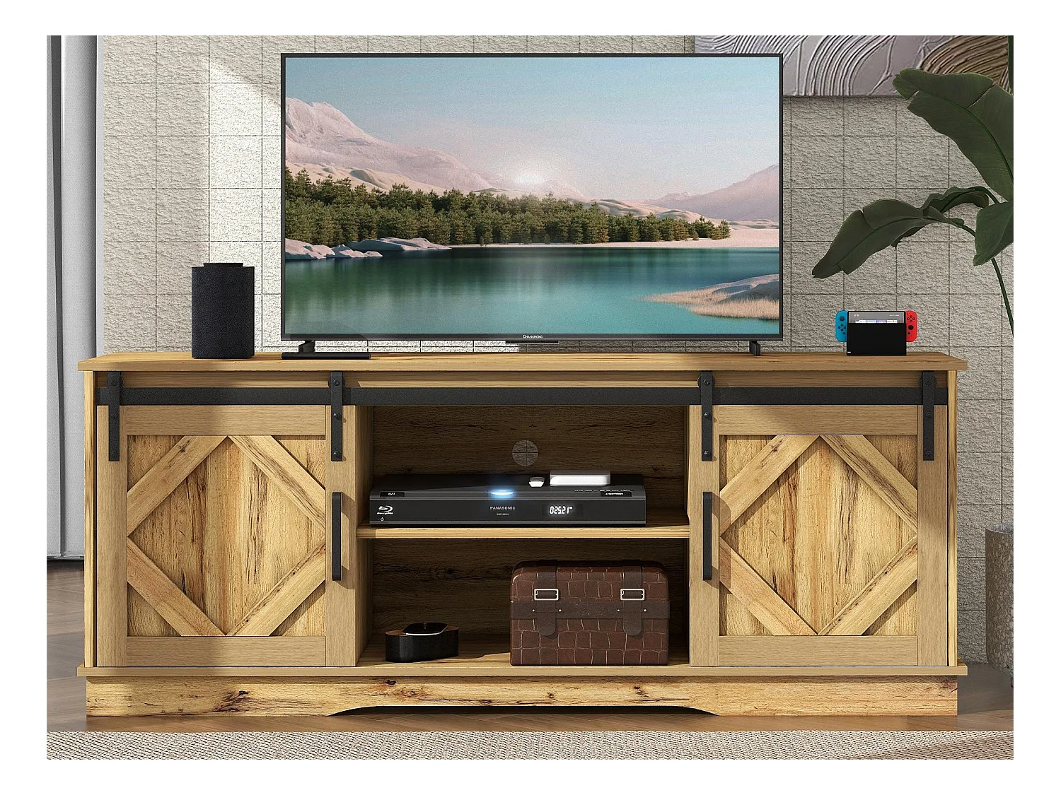 Meuble TV avec 2 portes coulissantes - étagères réglables - pour salon, salle à manger - style classique - marron