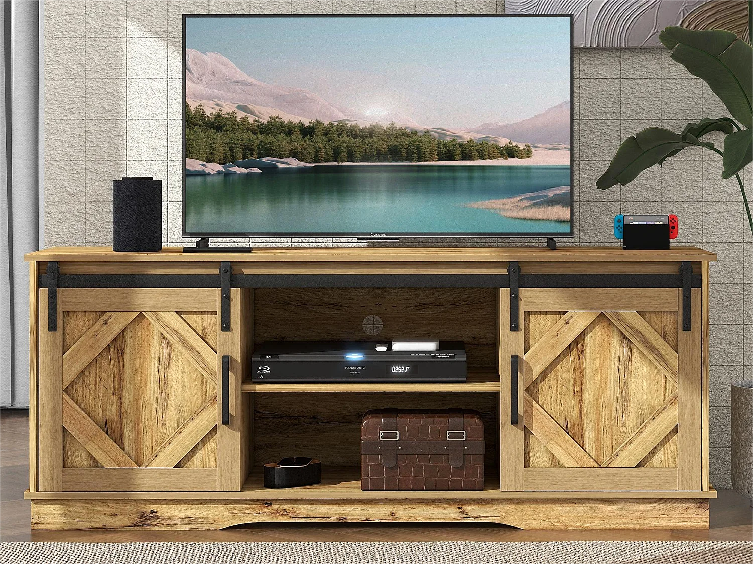 TV-Schrank mit 2 Schiebetüren – verstellbare Einlegeböden – für Wohnzimmer, Esszimmer – klassischer Stil – braun