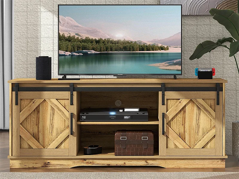 Meuble TV avec 2 portes coulissantes - étagères réglables - pour salon, salle à manger - style classique - marron