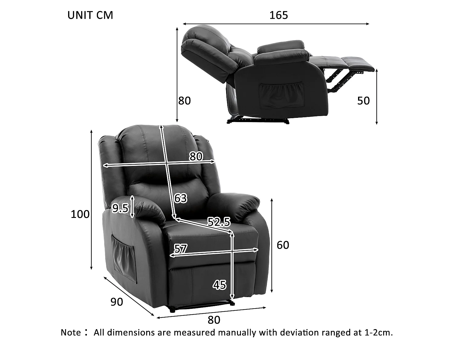 Fauteuil de relaxation inclinable avec repose-pied ajustable à main revêtement simili noir