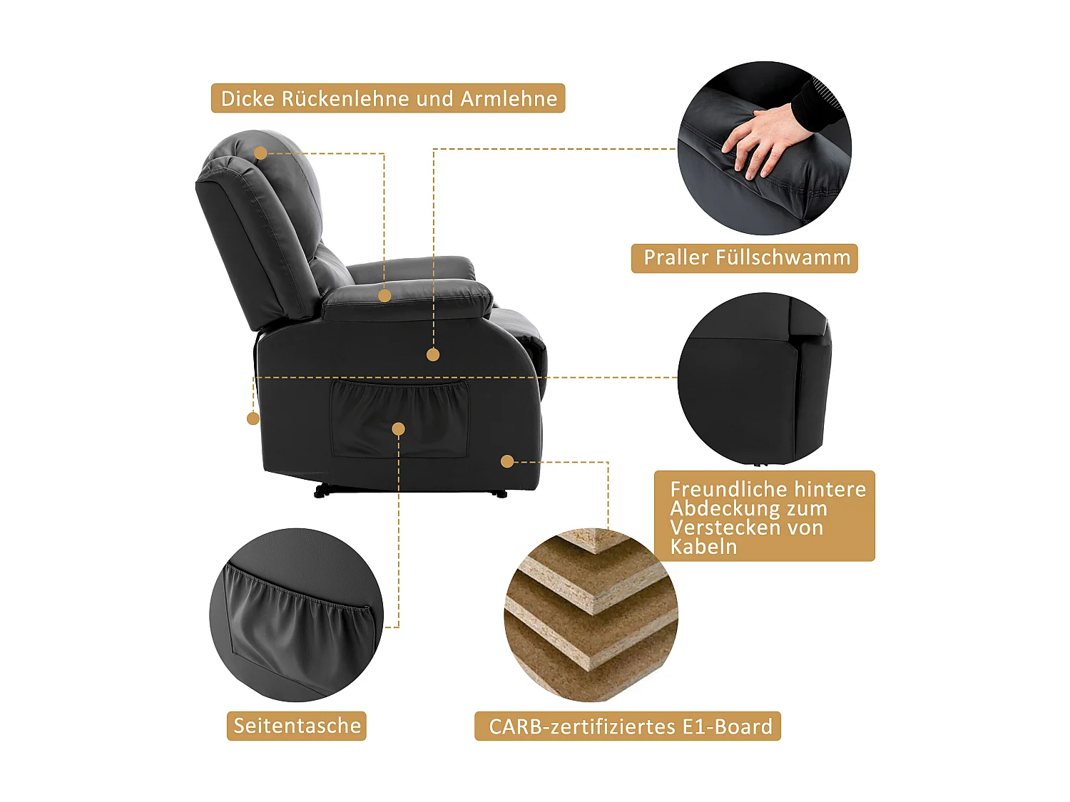 Fauteuil de relaxation inclinable avec repose-pied ajustable à main revêtement simili noir