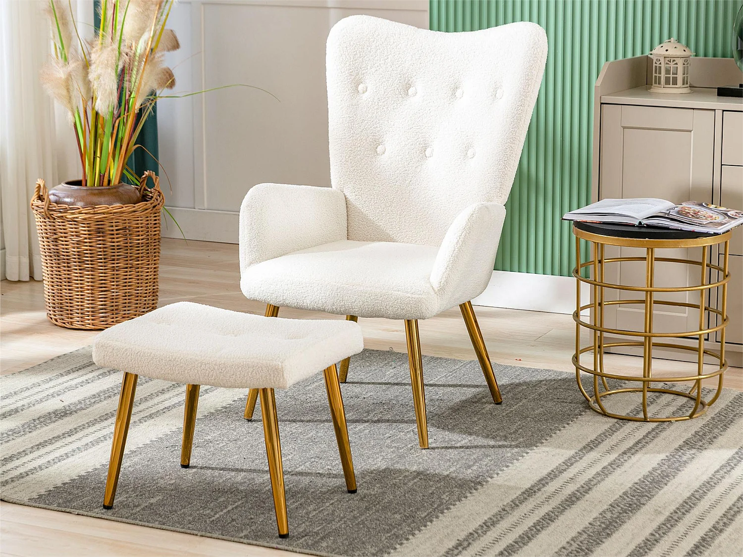 Relaxfauteuil met voetsteun - French Terry stof - voor woonkamer, slaapkamer en eetkamer - wit