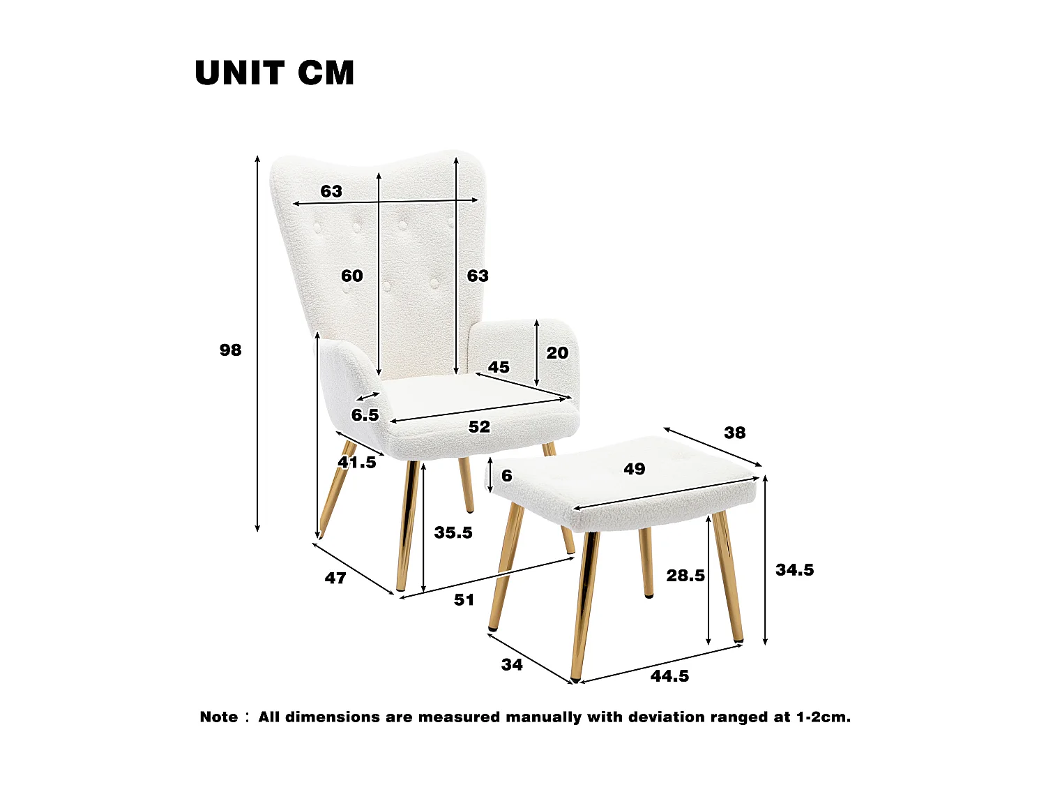 Relaxfauteuil met voetsteun - French Terry stof - voor woonkamer, slaapkamer en eetkamer - wit