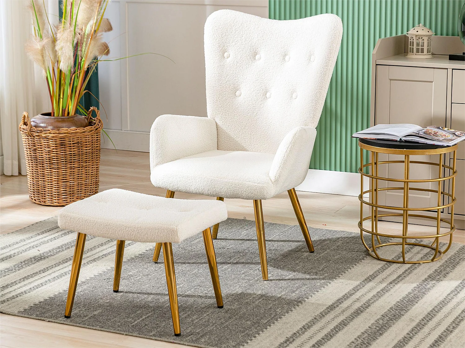 Relaxfauteuil met voetsteun - French Terry stof - voor woonkamer, slaapkamer en eetkamer - wit